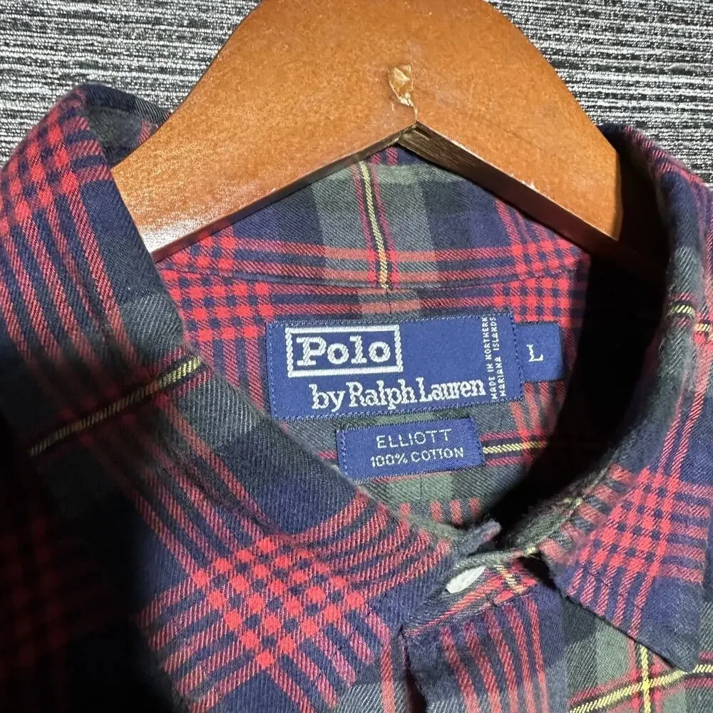 Polo Ralph Lauren Flannel Shirt Men's Large Plaid Blue Red Button Elliott